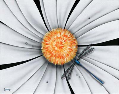 Michael Godard Dragonfly, White Daisy Flower (AP)